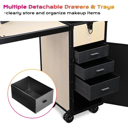 BYOOTIQUE Rolling Manicure Table Nail Station with Handle Foldable Nail Table Rolling Makeup Case with 4 Drawers Traveling Manicure Case on Wheels for Nail Tech, ForgetMeNot Apricot