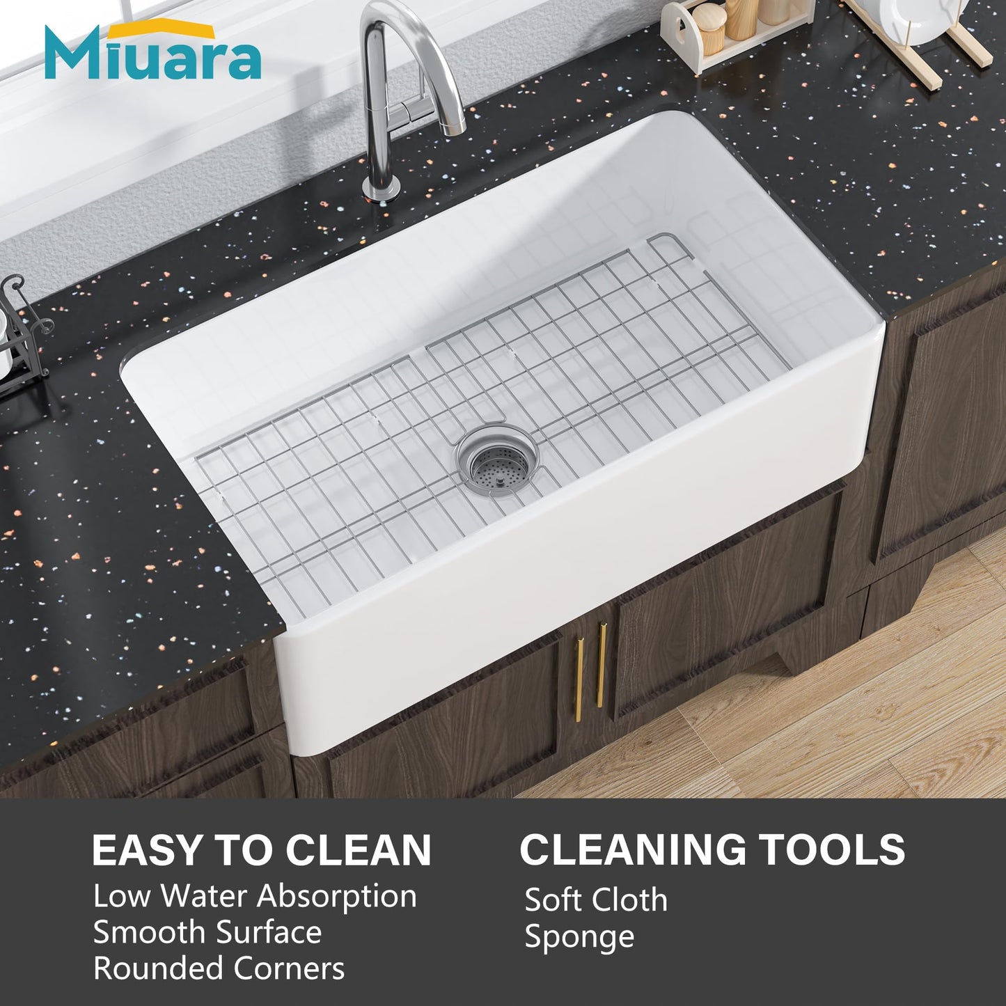 Miuara Farmhouse Sink 33 Inch - Apron Front Kitchen Sink Reversible 33"x18"x10", Undermount Installation, Farm House Style Single Bowl, Solid Fireclay, Glossy White, for Kitchen