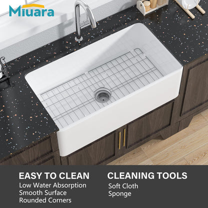 Miuara Farmhouse Sink 33 Inch - Apron Front Kitchen Sink Reversible 33"x18"x10", Undermount Installation, Farm House Style Single Bowl, Solid Fireclay, Glossy White, for Kitchen
