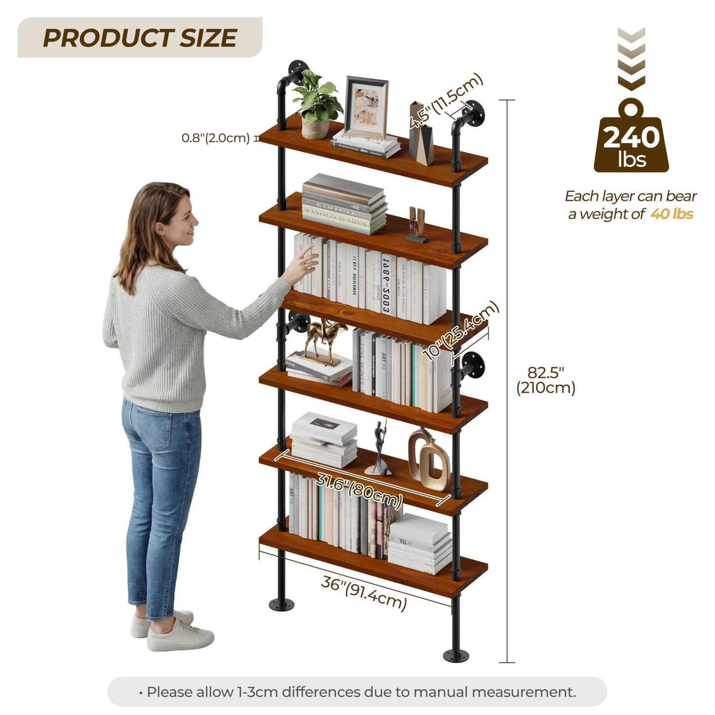 Anynice 6-Tier Ladder Shelf with Warm LED Light Strip, Solid Pine Wood Wall Mounted Bookshelf in Walnut Brown, 36-Inch Industrial Pipe Bookcase for Living Room, Bedroom, Home Office