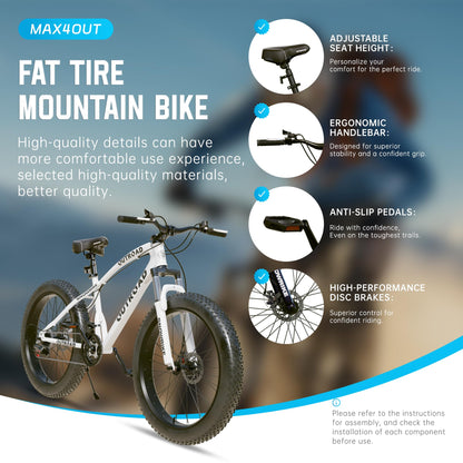 MarKnig 26 inch Fat Tire Mountain Bike, 21 Speed MTB with Dual Disc Brake for Adults, Anti-Slip Bicycle with 4 inch Knobby Tires, White