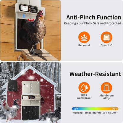 Anti-Pinch, 4 Automatic Chicken Coop Door Solar Powered with Timer, Light Sensor, Remote Control, Waterproof, Aluminum