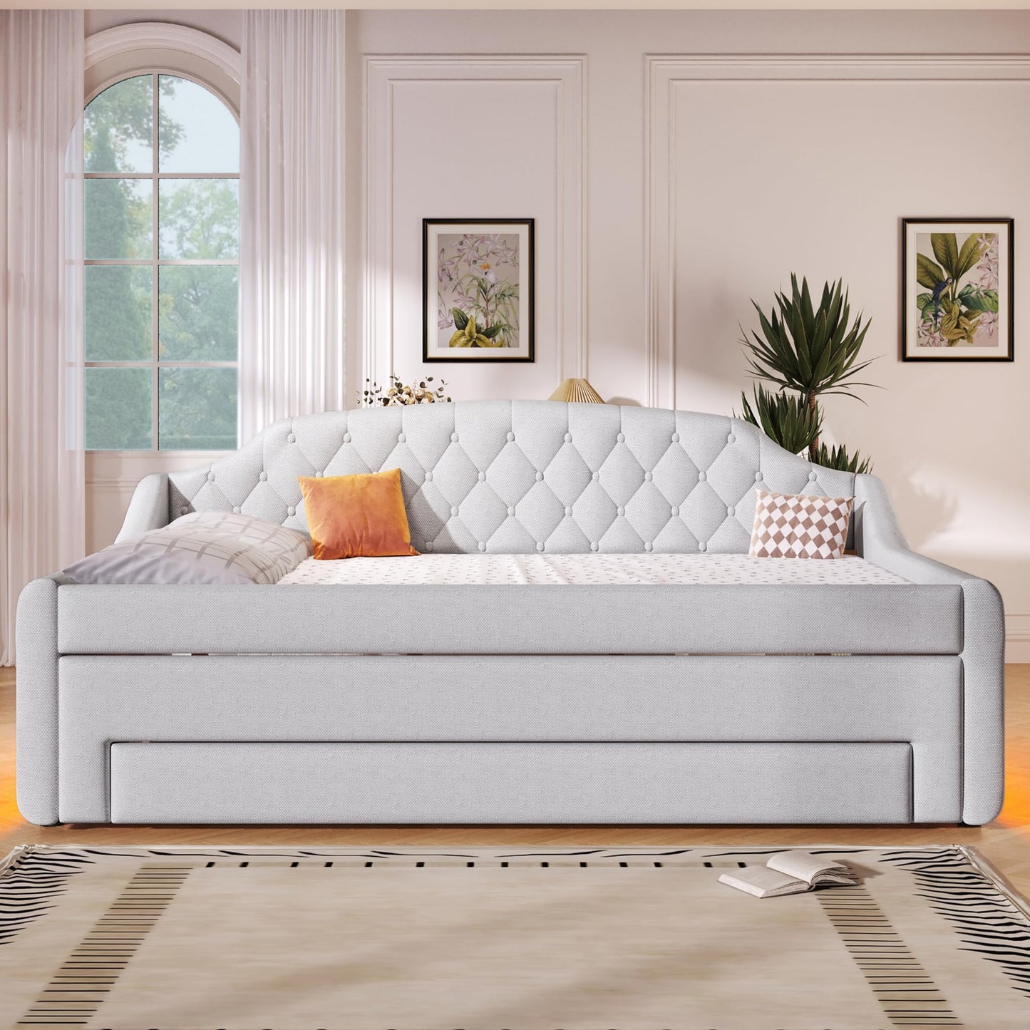 Merax Upholstered Full Size Daybed with LED Lights, Trundle & 3 Drawers, Linen Sofa Bed for Guest Room & Small Spaces, Beige