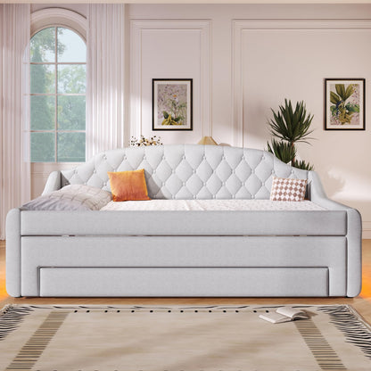 Merax Upholstered Full Size Daybed with LED Lights, Trundle & 3 Drawers, Linen Sofa Bed for Guest Room & Small Spaces, Beige