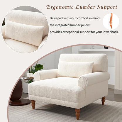 Merax Accent Chair with Circular Armrests, Upholstered Armchair Single Sofa with Vintage Roman Column Legs for Living Room, Bedroom, Study, Ergonomic Lumbar, Boucle, Beige