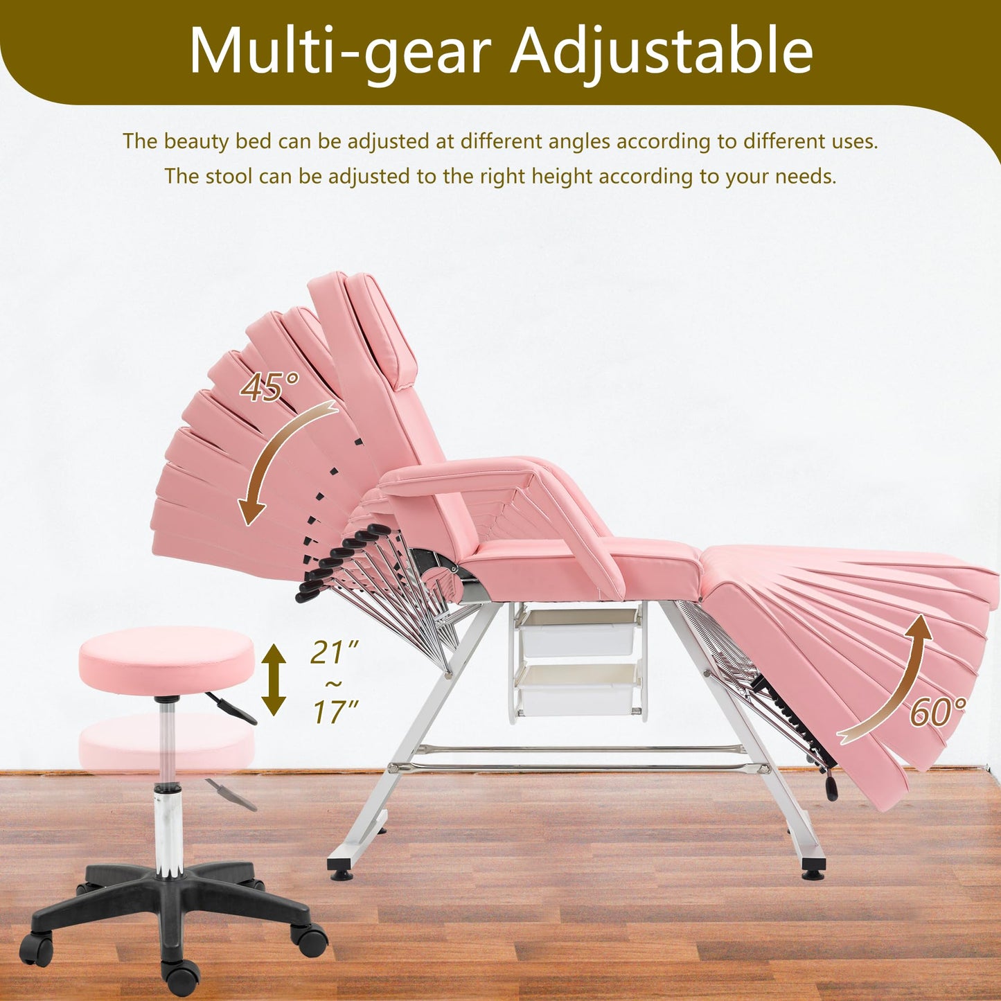 hereyova Massage Salon Chair with Two Trays Esthetician Bed with Hydraulic Stool,Multi-Purpose 3-Section Facial Bed Table, Adjustable Beauty Barber Spa Beauty Equipment, Pink