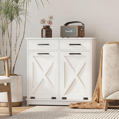 Mepplzian White Double Tilt Out Laundry Hamper Cabinet Laundry Basket Cabinet Hidden Laundry Hamper with 2 Drawers & 2 Baskets for Bathroom,30x30x16in（Barn Door Panel）