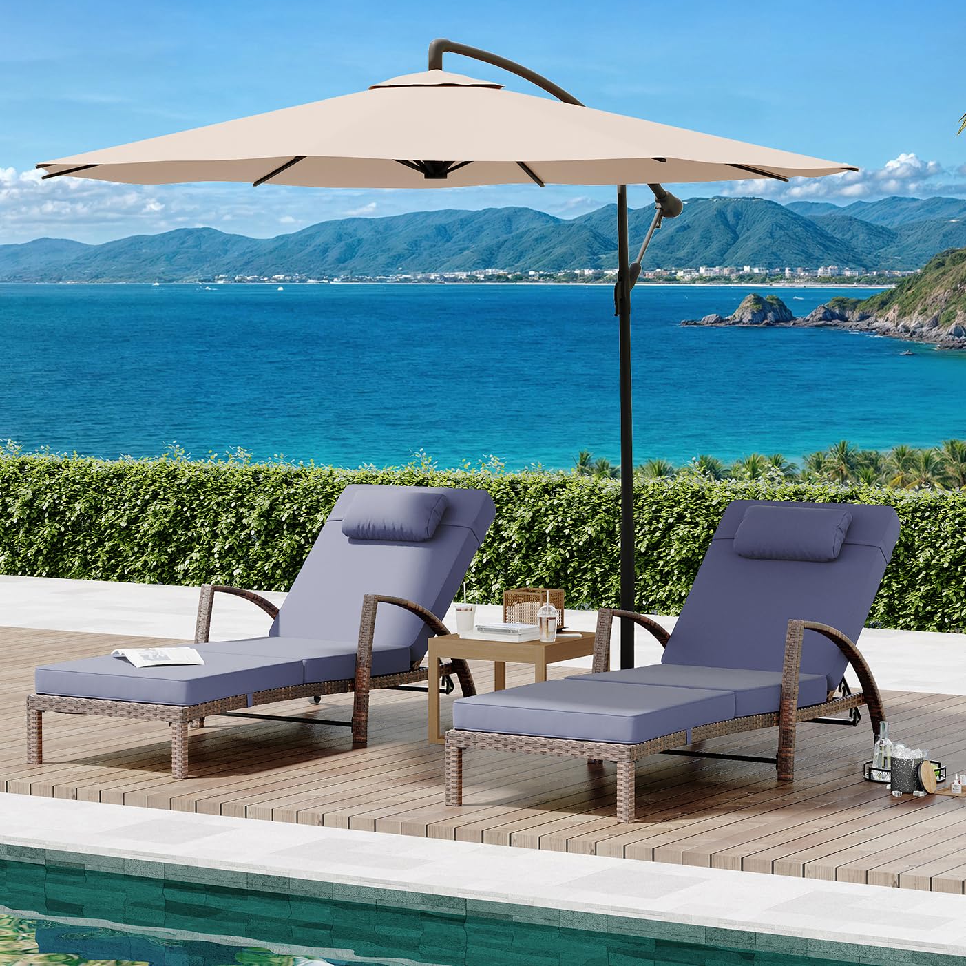 GarveeLife 2-Piece Rattan Patio Folding Chaise Lounge, 5-Position Adjustable Backrest Outdoor Lounge Chair with Cushion and Pillow for Poolside, Backyard, Deck, Porch, Blue