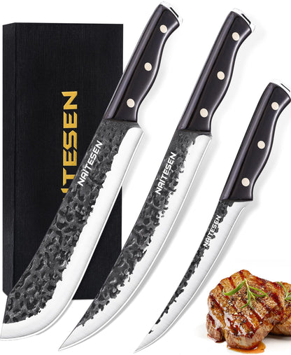 Naitesen Professional Butcher Knife Set 3, Bullnose Meat Carving knife Breaking Knife Boning Knife Hand Forged Very Sharp for Meat Cutting Home Kitchen Cooking BBQ Gifts for Men Women