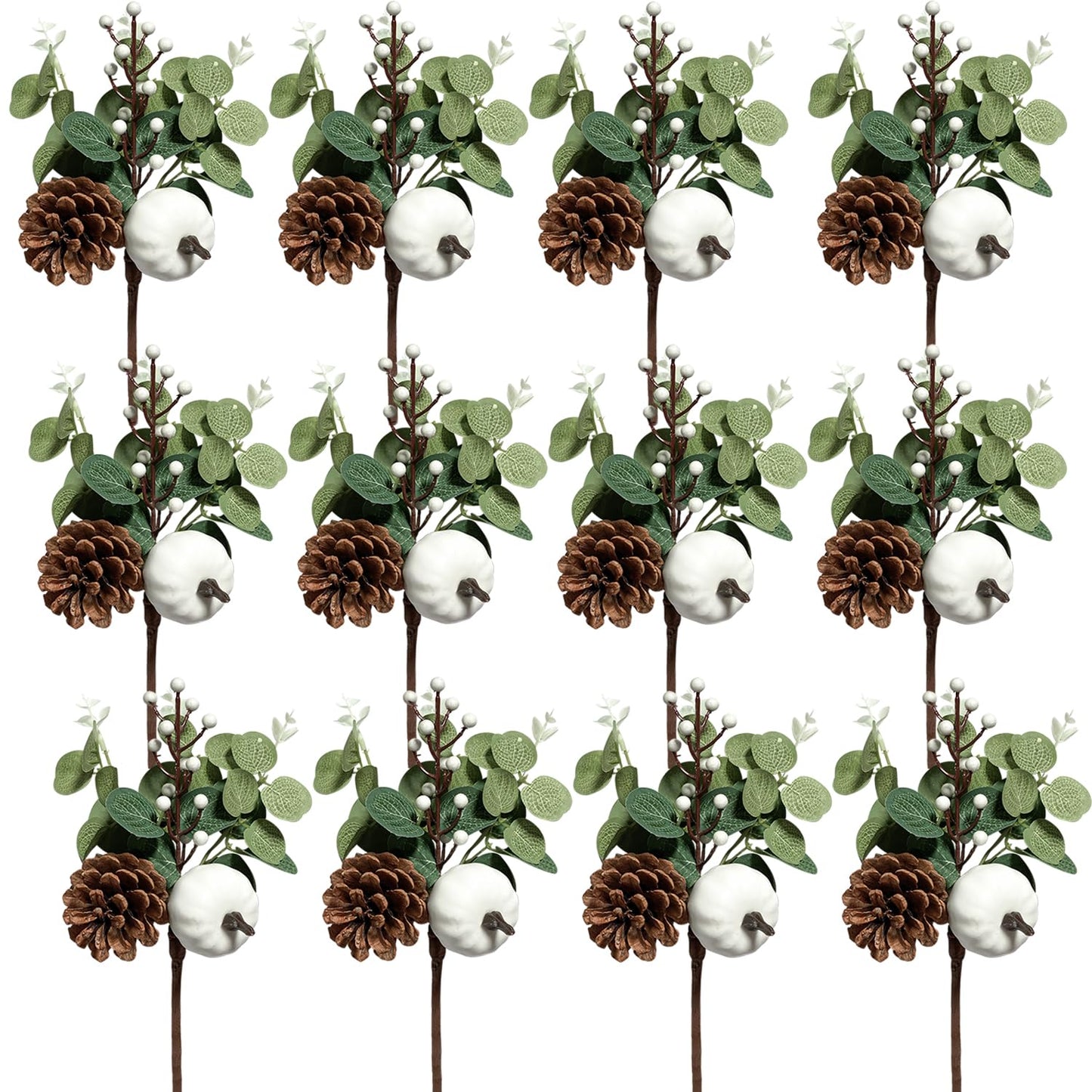 Adurself 12PCS Greenery Stems Artificial Eucalyptus Leaves Fall Picks with White Pumpkin Pinecones for Wedding Table Decor Autumn Thanksgiving Day Flower Arrangements Wreaths Indoor Outdoor Home Decor