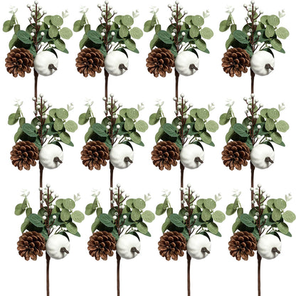 Adurself 12PCS Greenery Stems Artificial Eucalyptus Leaves Fall Picks with White Pumpkin Pinecones for Wedding Table Decor Autumn Thanksgiving Day Flower Arrangements Wreaths Indoor Outdoor Home Decor