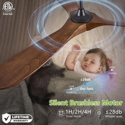 72 Inch Ceiling Fans without Lights, Wood Large Ceiling Fan no Light and Remote Control, Modern Indoor Outdoor Ceiling Fan no Light 3 Blade Propeller for Patios Farmhouse Garage High cfm, Dark Walnut