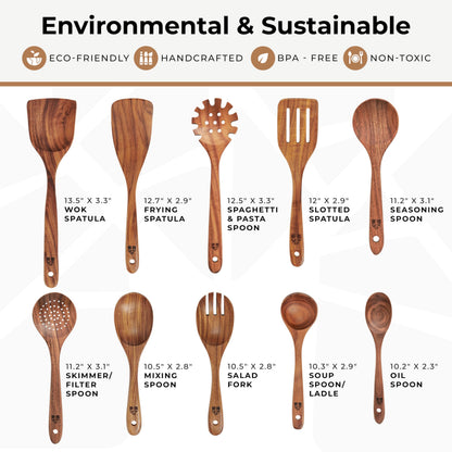 Wooden Spoons for Cooking – 10 Pcs Teak Wood Utensil Set, Durable, Nonstick Safe & Heat Resistant with Ergonomic Handles
