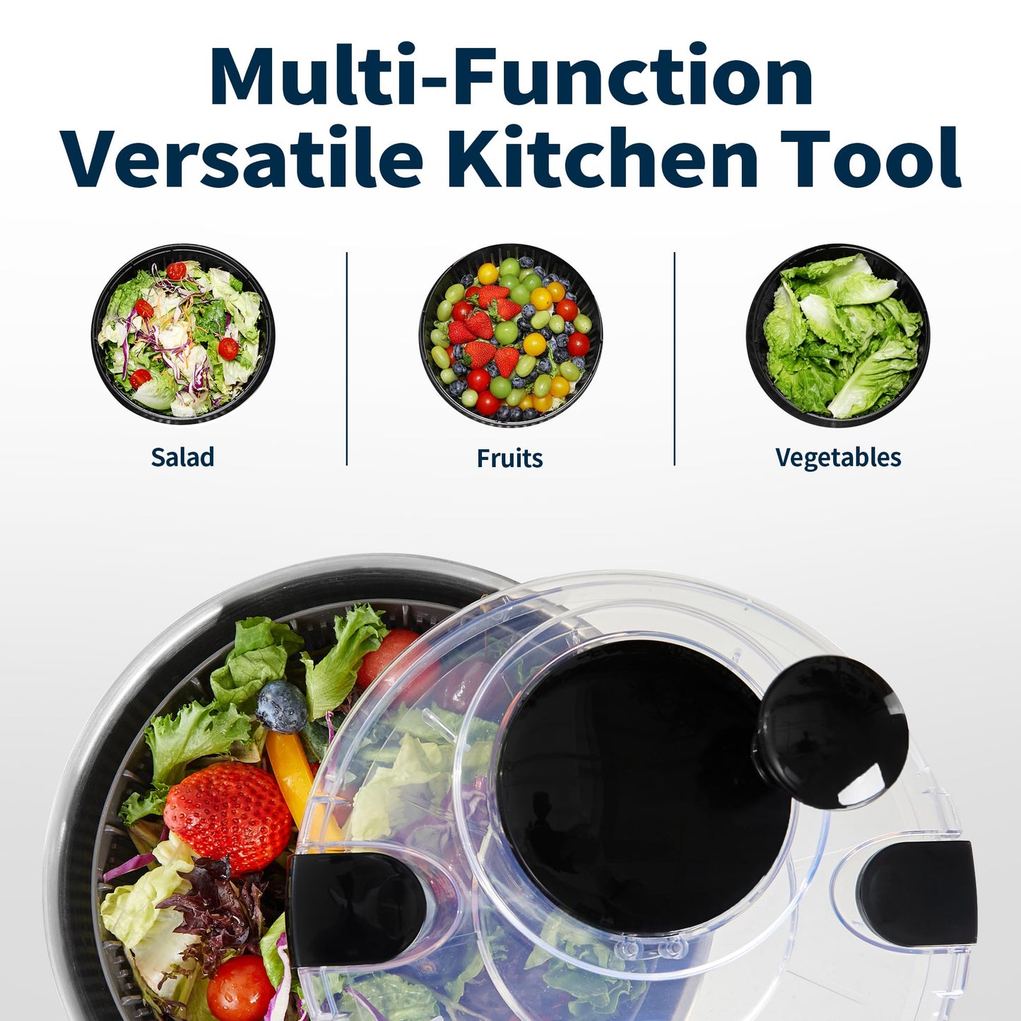 SveBake Stainless Steel Salad Spinner, 4.8 Qt Vegetable Washer, BPA-Free Lettuce Dryer with Crank Design, Dishwasher Safe, Non-Slip Base - Transparent Lid