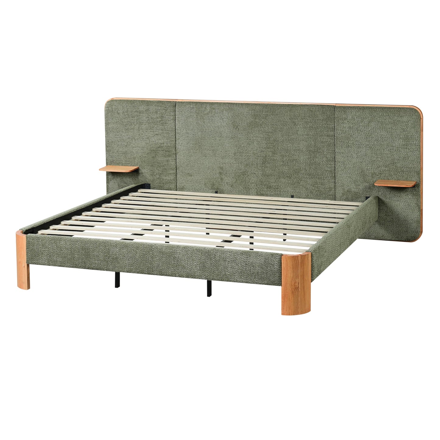 Christopher Knight Home Lana Boucle Upholstered King Bed Frame and Headboard, King Size Bed Frame with Built-in Floating Shelves, Metal + Wooden Slats Support, No Box Spring Needed, Green + Natural
