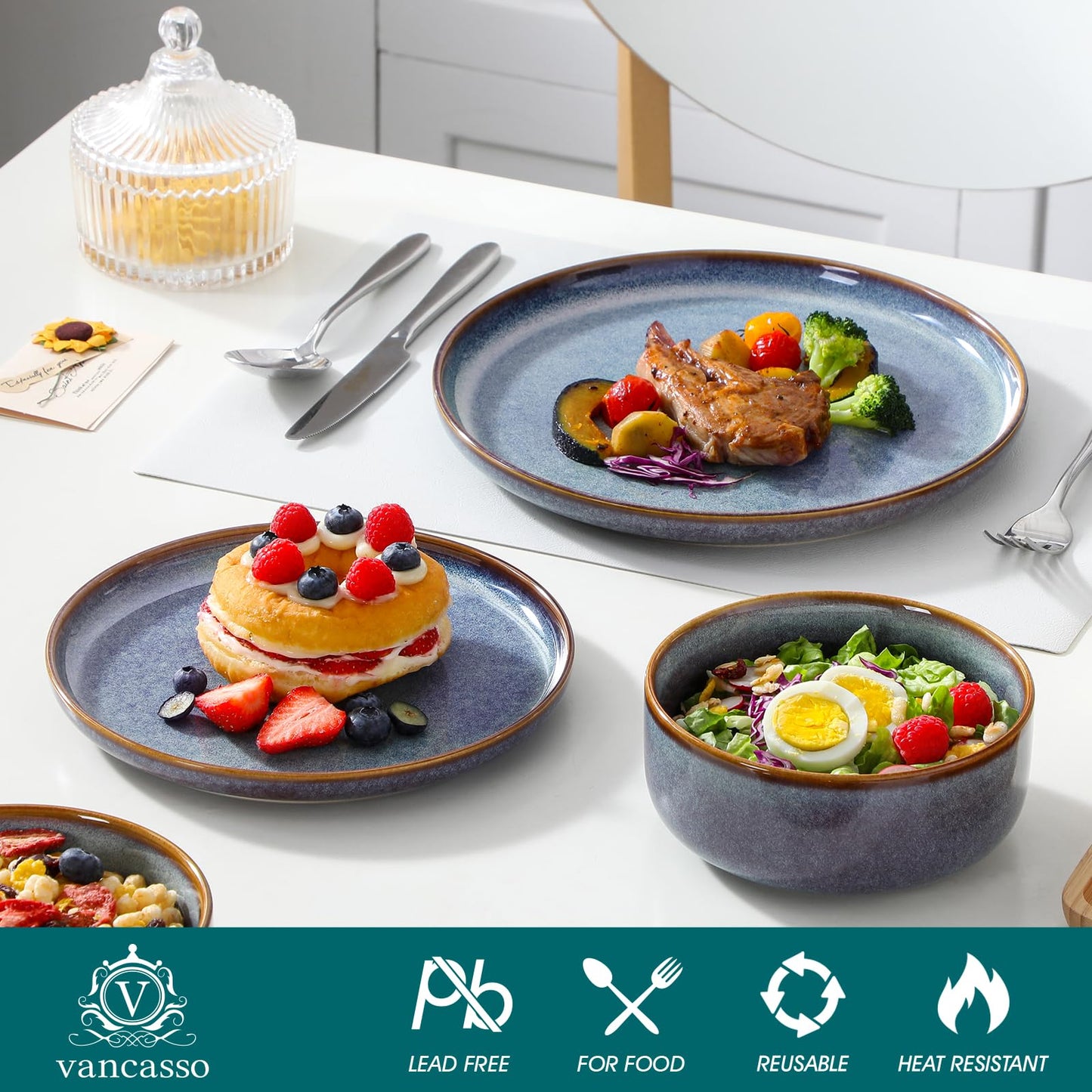 vancasso PLAYA Plates and Bowls Sets, 24 Pieces Grey-Blue Dinnerware Sets for Kitchen, Reactive Glaze Dishes Set for 8, Dishwasher and Microwave Safe