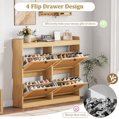 Shoe Cabinet with 4 Deep Flip Drawers, Base Freestanding Wooden Shoe Storage Cabinet with Rattan Door & 3-Tier Adjustable Shelves,Shoe Organizer for Entryway,Hidden Shoe Rack for Hallway,2PCS