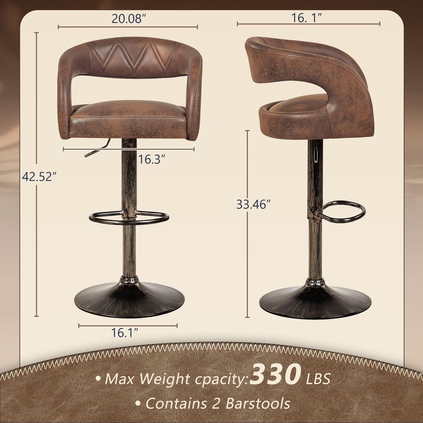 VECELO Bar Stools Set of 4 Adjustable Swivel Modern Pu Leather Barstools, Counter Bar Stools with Back and Arms, for Kitchen, Bar (Dark Brown)