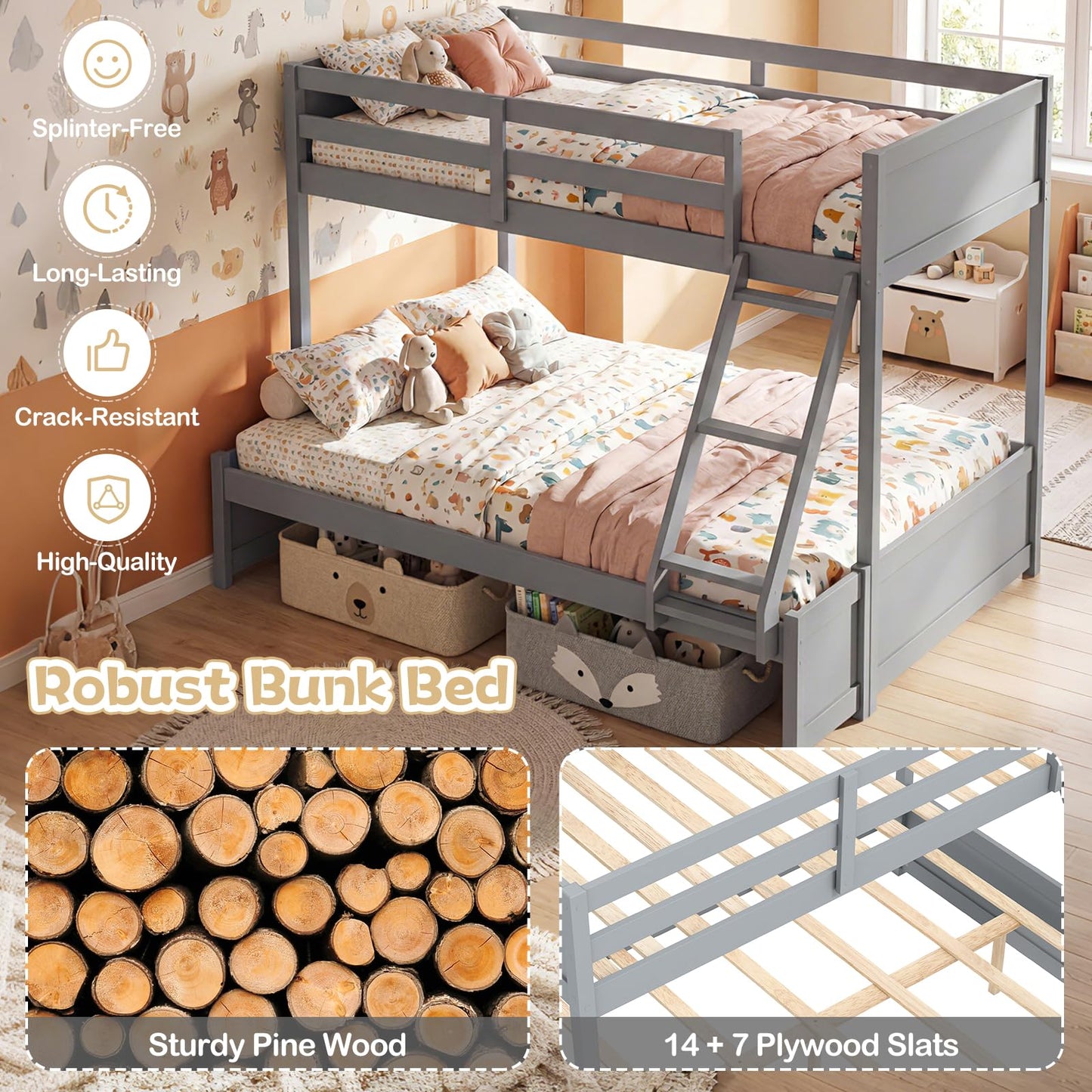 Giantex Twin Over Fulll Bunk Bed, Wood Bunk Bed with Full-Length Guardrails, Ladder, Under-Bed Storage Space for Dormitory, Bedroom, Apartment, Two Bed Frame with Slats for Teens, Kids, Adults, Grey