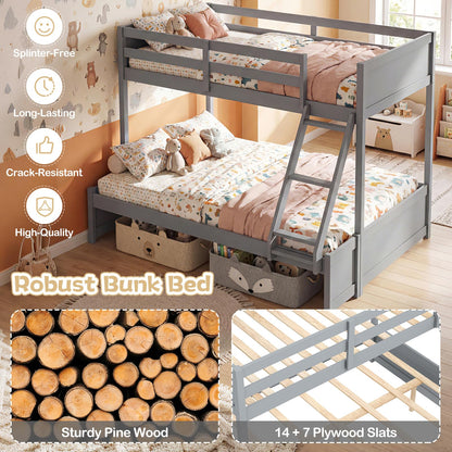 Giantex Twin Over Fulll Bunk Bed, Wood Bunk Bed with Full-Length Guardrails, Ladder, Under-Bed Storage Space for Dormitory, Bedroom, Apartment, Two Bed Frame with Slats for Teens, Kids, Adults, Grey