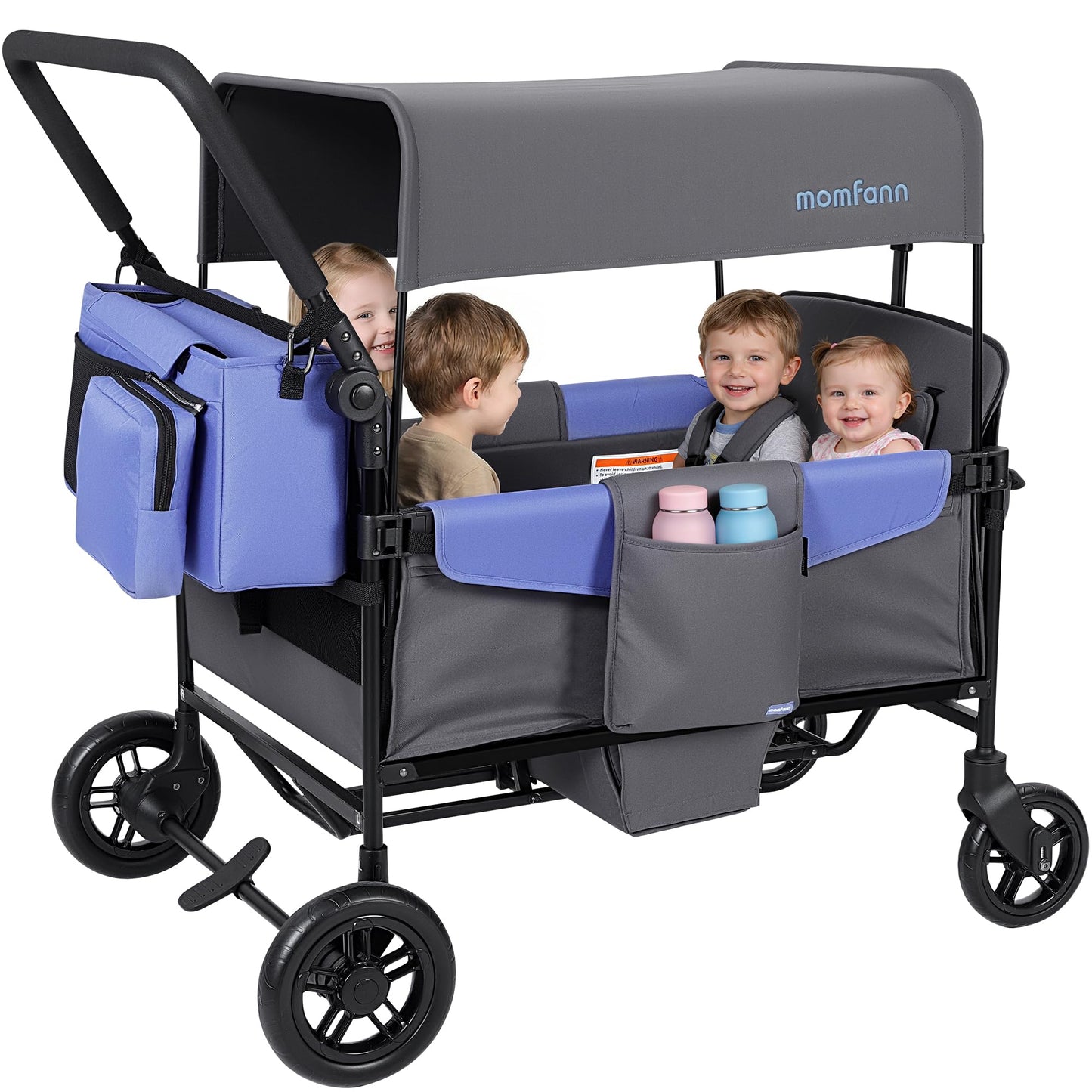 MOMFANN Wagon Stroller for 4 Kids, All-Terrain 4-Seater Folding Wagon with 5-Point Harness, Adjustable Push-Pull Handle, Removable Canopy, Oversized Storage Organizer, Compact Fold - Grey