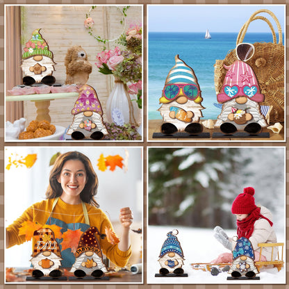68 Pcs Seasonal Interchangeable Wooden Gnome Decor Farmhouse Holiday 2 Pcs Gnome Standing Centerpieces Decoration with 2 Wooden Bases 64 Detachable Hats Magnet Pieces for DIY Holiday Decorations