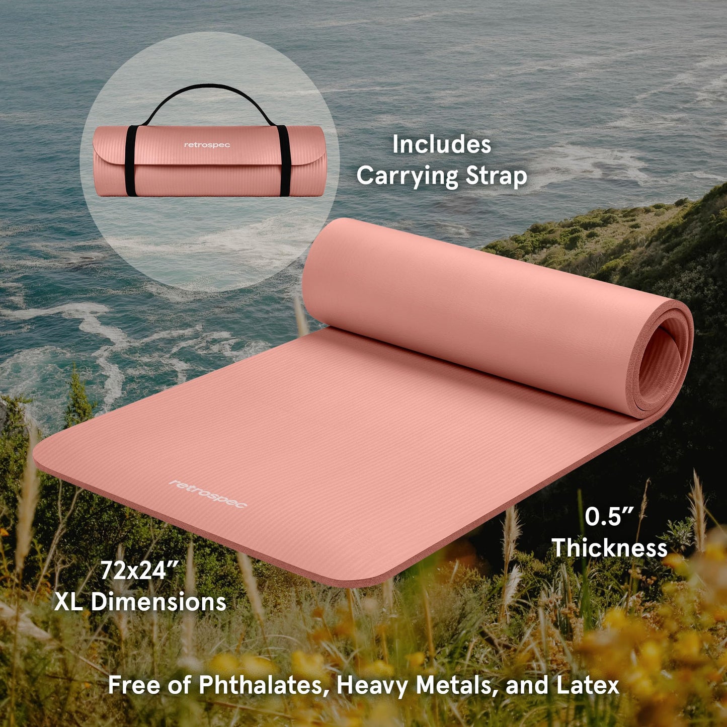 Retrospec Solana Yoga Mat 1/2" Thick w/Nylon Strap for Men & Women - Non Slip Exercise Mat for Yoga, Pilates, Stretching, Floor & Fitness Workouts