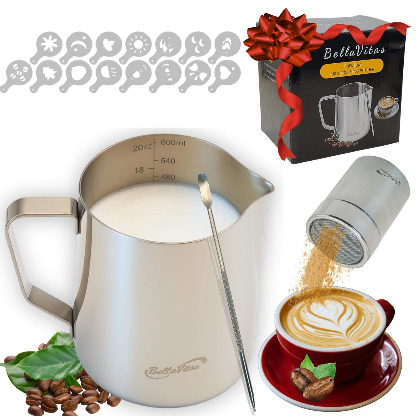 BellaVitas Milk Frothing Pitcher Set 20oz/600ml, 304 Stainless Steel Milk Frother Cup with Cocoa Shaker, Latte Art Pen, Stencils, Espresso Machine Accessories & Coffee Barista Tools Latte Pitcher Gift