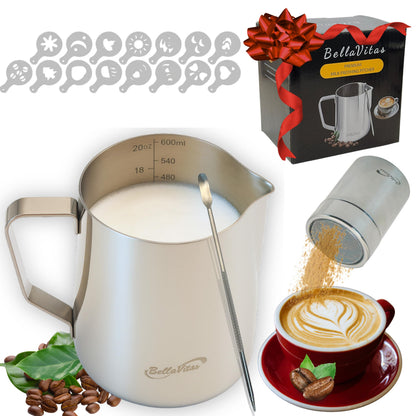 BellaVitas Milk Frothing Pitcher Set 20oz/600ml, 304 Stainless Steel Milk Frother Cup with Cocoa Shaker, Latte Art Pen, Stencils, Espresso Machine Accessories & Coffee Barista Tools Latte Pitcher Gift