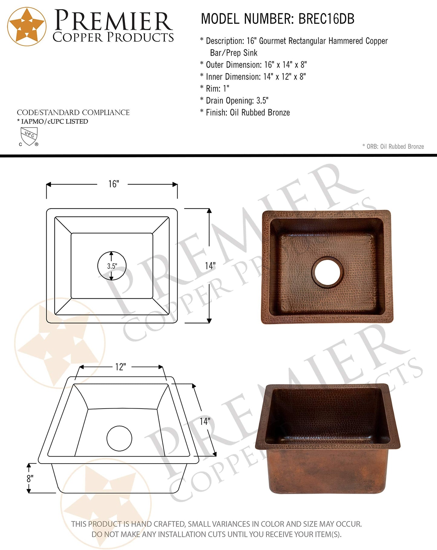Premier Copper Products BREC16DB 16-Inch Universal Gourmet Rectangular Hammered Copper Kitchen Bar Single Basin Sink, Oil Rubbed Bronze