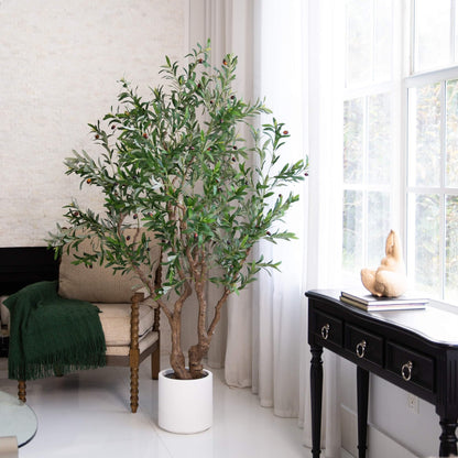 Nearly Natural 6ft. Artificial Grand Olive Tree in White Decorative Planter