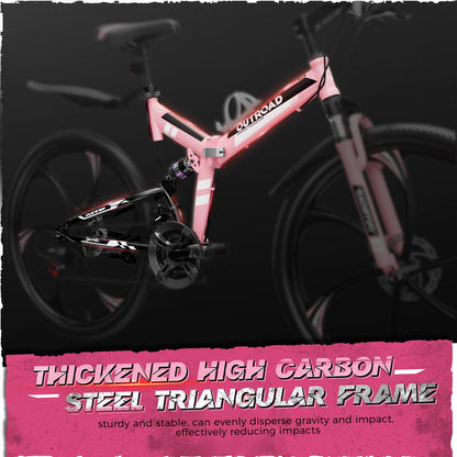 Outroad 26 Inch Folding Mountain Bike for Adults/Men/Women, 21 Speed Full Suspension High-Carbon Steel MTB Foldable Bicycle, Dual Disc Brake Non-Slip Folding Bikes, Pink