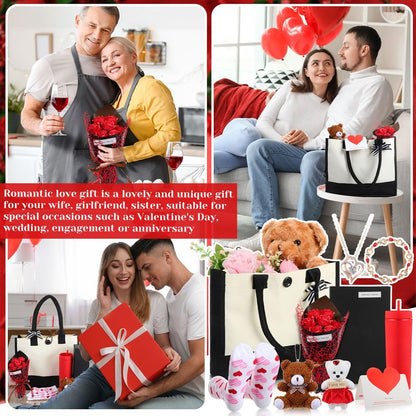 Reallnaive 9 Pcs Valentine's Day Gifts for Her, Anniversary Birthday Gifts for Wife, Gift for Women Set Includes Tumbler Artificial Flower Bouquet Keychain Necklace Bracelet Tote Bag Sock Card(Red)