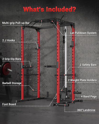 GarveeLife Power Cage, Power Racks for Home Gym with Pulley System, 1200 LBS Weight Capacity Multi-Functional Squat Rack for Strength Workout with More Training Attachment (Red D1002)