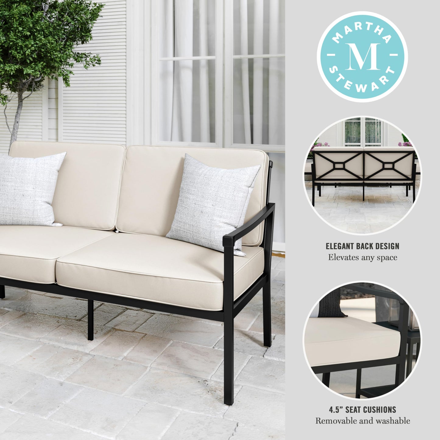 Martha Stewart Lily Pond All-Weather Patio Loveseat with Elevated Backrest Design and Steel Frame in Black with Cream Cushions