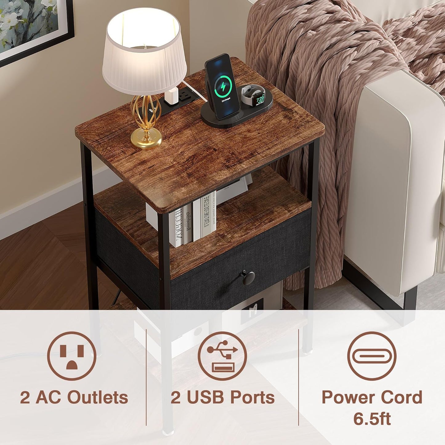 VECELO Nightstand with Charging Station,Bedside Table with Storage Shelf&Fabric Drawer,End Tables for Bedroom,Living