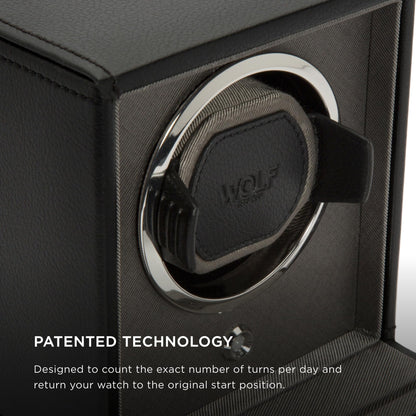 Wolf Cub Single Watch Winder with Glass Cover, Black - Secure Fit with Patented Lock-in Dynamic Cuff - Accommodates All Wrist Sizes - Vegan Leather - Includes Universal Adapter
