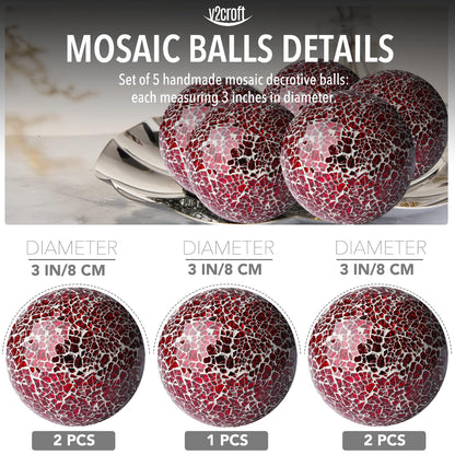 3 Inch Decorative Orbs Glass Balls Set of 5, Mosaic Sphere Globe for Whole Housewares, Wedding, Birthday, Bowls, Vases Dining Table Centerpieces (Red)
