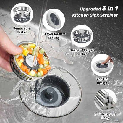 Hibbent Upgraded 3 in 1 Kitchen Sink Drain Strainer, Stainless Steel Pop Up Sink Stopper, Larger Anti-Clogging Basket, 3-Layer Seal, Detachable Drain Plug for US Standard 3-1/2" Drain, Brushed Nickel