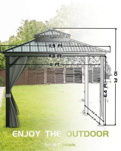 12'X12' Permanent Hardtop Gazebo, Aluminum Frame with Double Galvanized Steel Roof, Outdoor Patio Pavilion with Curtains & Netting for Backyard, Deck – Gray
