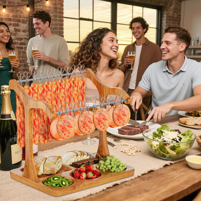 Sueuapp Bacon Display Rack,Patented Design Acacia Bacon Clothesline Serving Tray,Charcuterie Boards with Double Hangers,Exquisite Bacon Tray Holder for Parties,Weddings,Housewarming Gifts