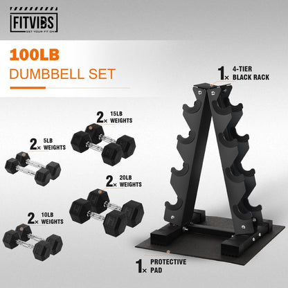 Fitvids Fitvids Rubber Coated Hex Dumbbell Weight Set and Storage Rack, 100LBS, 150LBS or 200LBS Set, 5-20 lbs, 5-25 lbs, 10-30 lbs Pairs