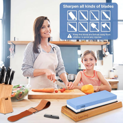 Leking Professional Knife Sharpener & Sharpening Stone Set: 1000/6000 Grit Dual-Sided Whetstone(7"x2.4"x1.2") with Bamboo Base, Non-Slip Silicone Holder, Angle Guide & Leather Strop Kit