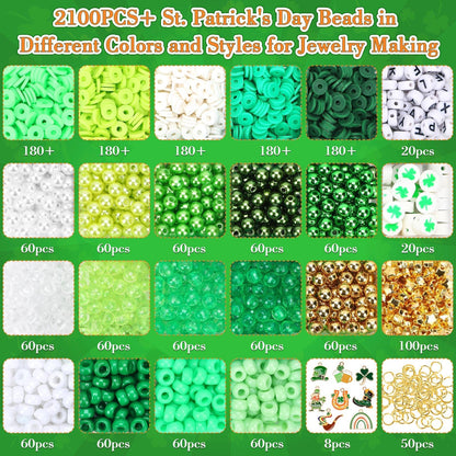 UPINS 2100PCS+ St. Patrick's Day Bracelet Making Kit,Green Shamrock Round Beads Charms for Jewelry Making Bracelet Necklace Making DIY Crafts Gifts