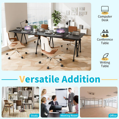 Conference Table with Wheels, Folding Conference Table with Knob & 4 Brake Casters, Modular Flip Top Mobile Conference Room Table for Office, Meeting, Training Room, Class (6, Black, 55.1in)