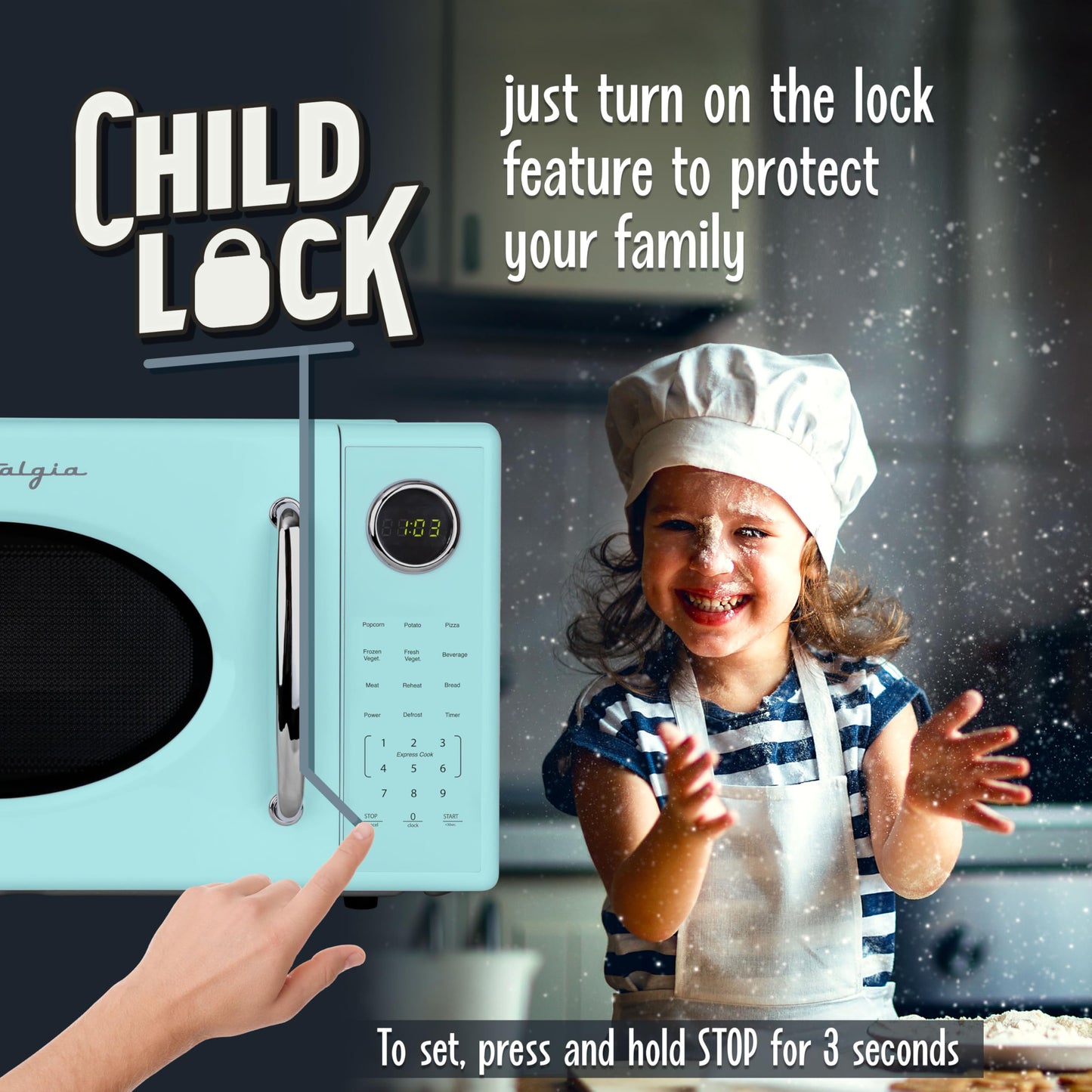 Nostalgia Retro Microwave Oven - 0.7 Cu Ft, 700-Watt Countertop Size with Glass Turntable, Child Safety Lock, 8 Auto-Cook Programs, Digital Clock - Aqua