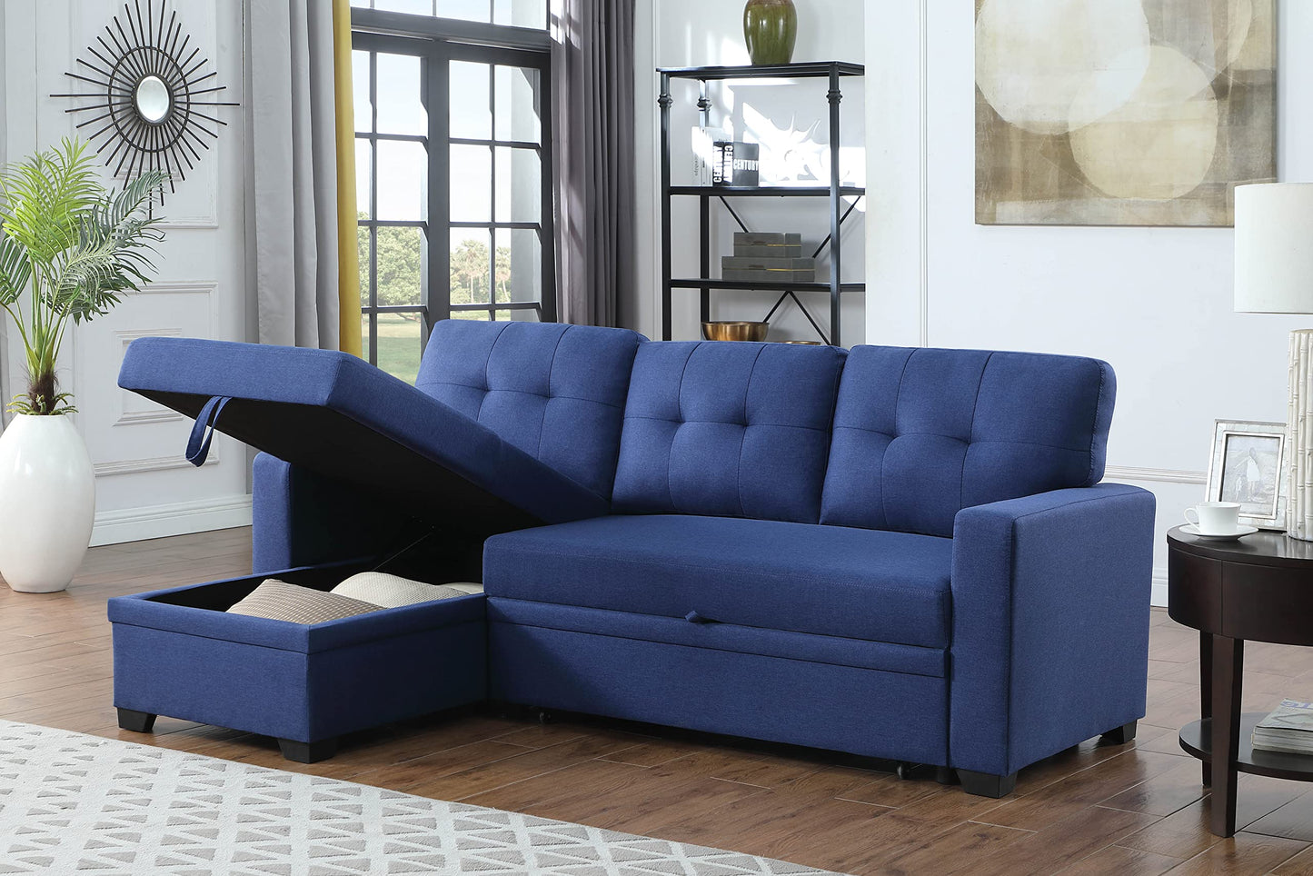 Acosure 82" Sectional Small Sofa with Pull Out Bed,L-Shape Upholstered Sleeper Couch W/Storage Chaise,Tufted Backrest Design,3 Seat Linen Convertible Sofas for Living Room Apartment Office,Blue