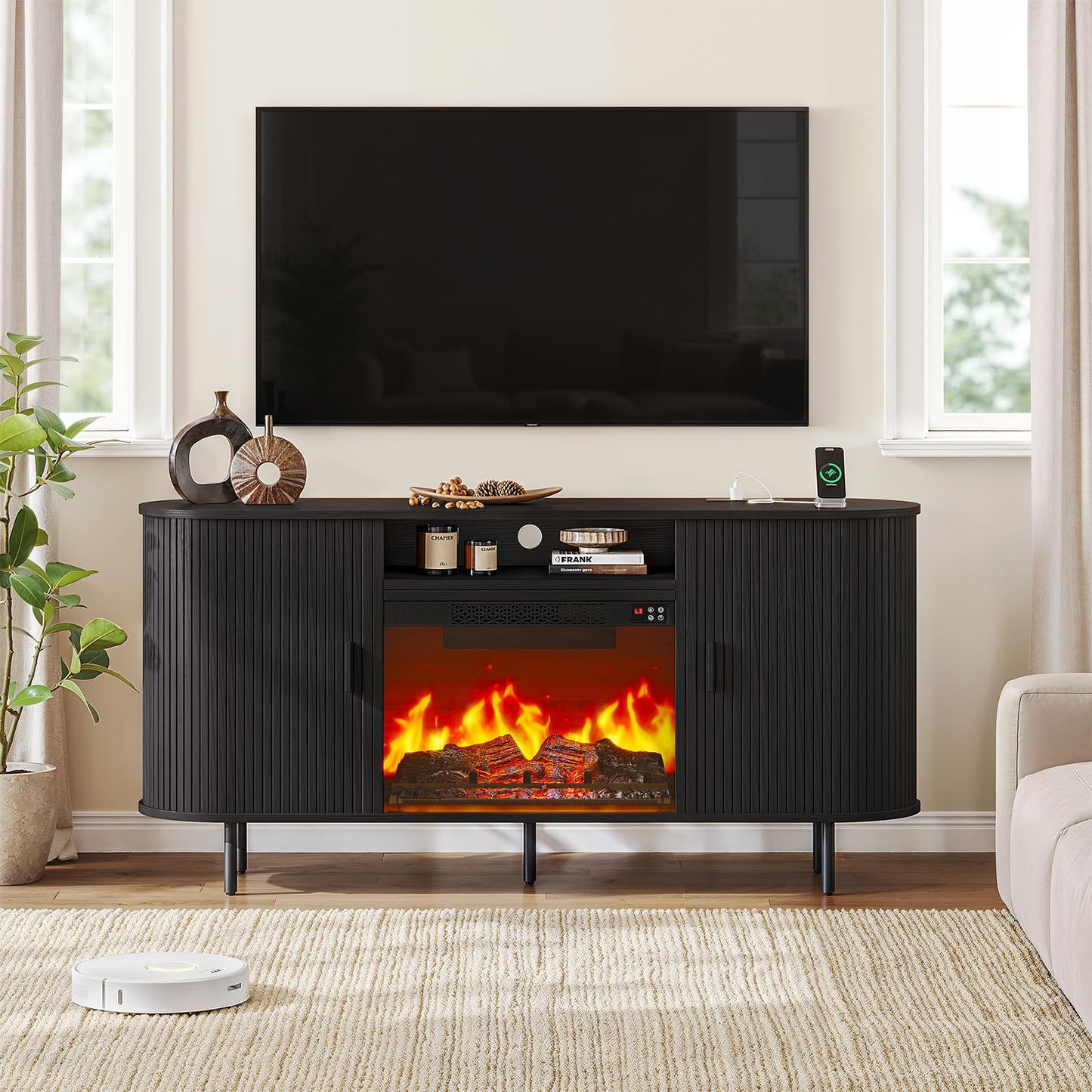 63" Fluted Fireplace TV Stand with 23" Electric Fireplace, Sliding Doors Entertainment Center for TVs Up to 70", TV Console with Power Outlet & Storage, Mid-Century Modern for Living Room, Black