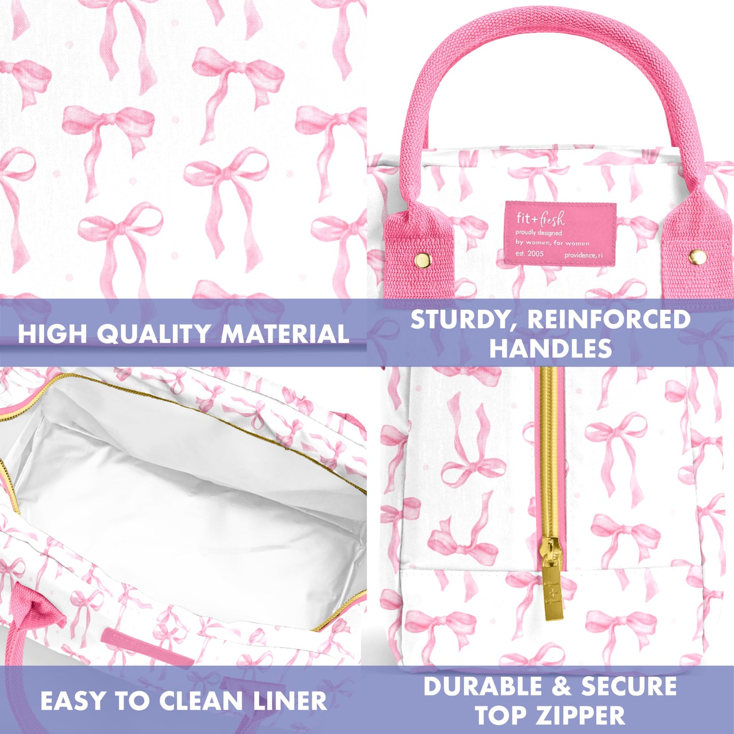 Fit & Fresh Bloomington Lunch Bag for Women - Insulated Large Lunch Box for Work with Containers, Leak-Resistant, Stain-Resistant, Zipper Closure, Pink Bows