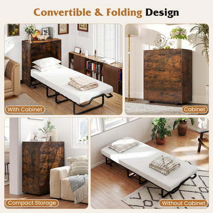 Giantex Murphy Bed Cabinet with Mattress Included, 74" x 31" Cot Size Fold Out Bed with Storage & Lockable Wheels, Metal Frame, 2 in 1 Roll Away Bed with Mattresses for Adults Guests